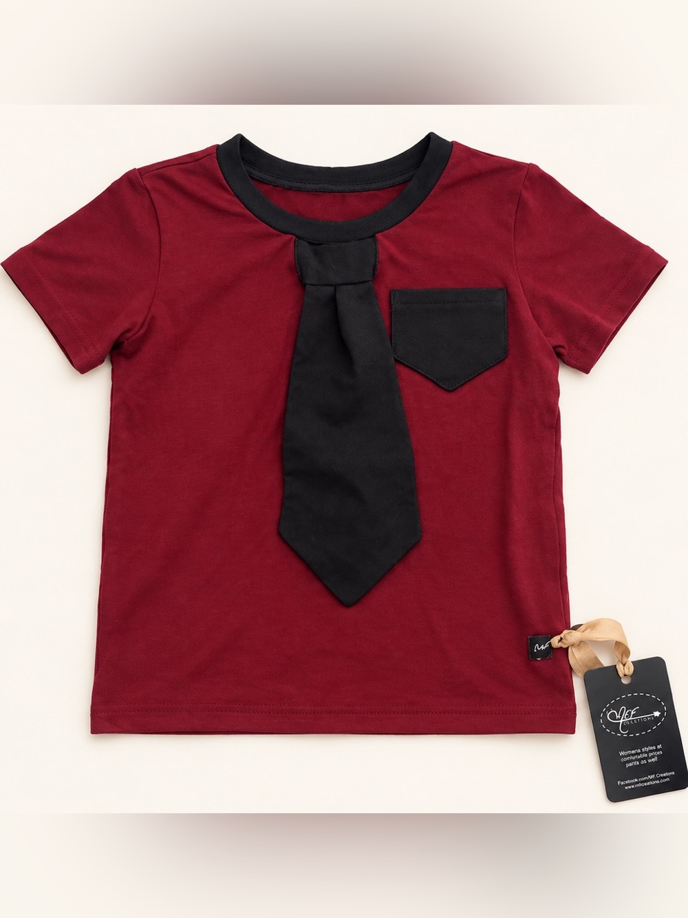 Children's Burgundy Short-Sleeve Tee with Black Tie Accent